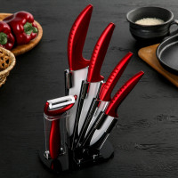 Набор кухонный на подставке Доляна «Изгиб», 5 предметов: 4 ножа, лезвие 7,5 см, 10 см, 13 см, 15 см, овощечистка, цвет красный