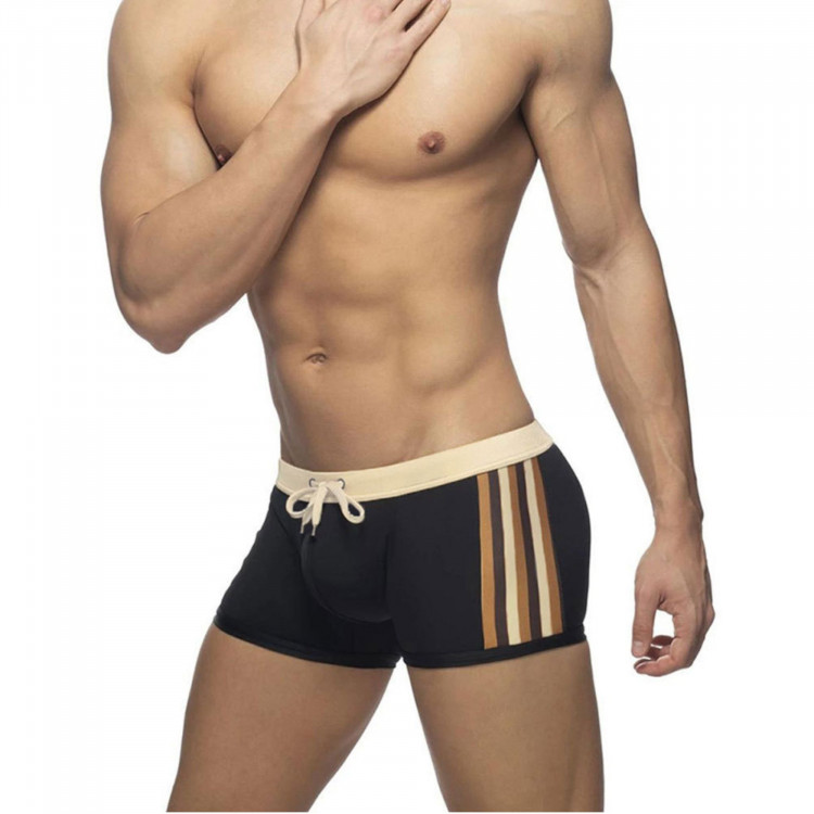 Черные мужские плавки-боксеры с бежевыми полосками по бокам 