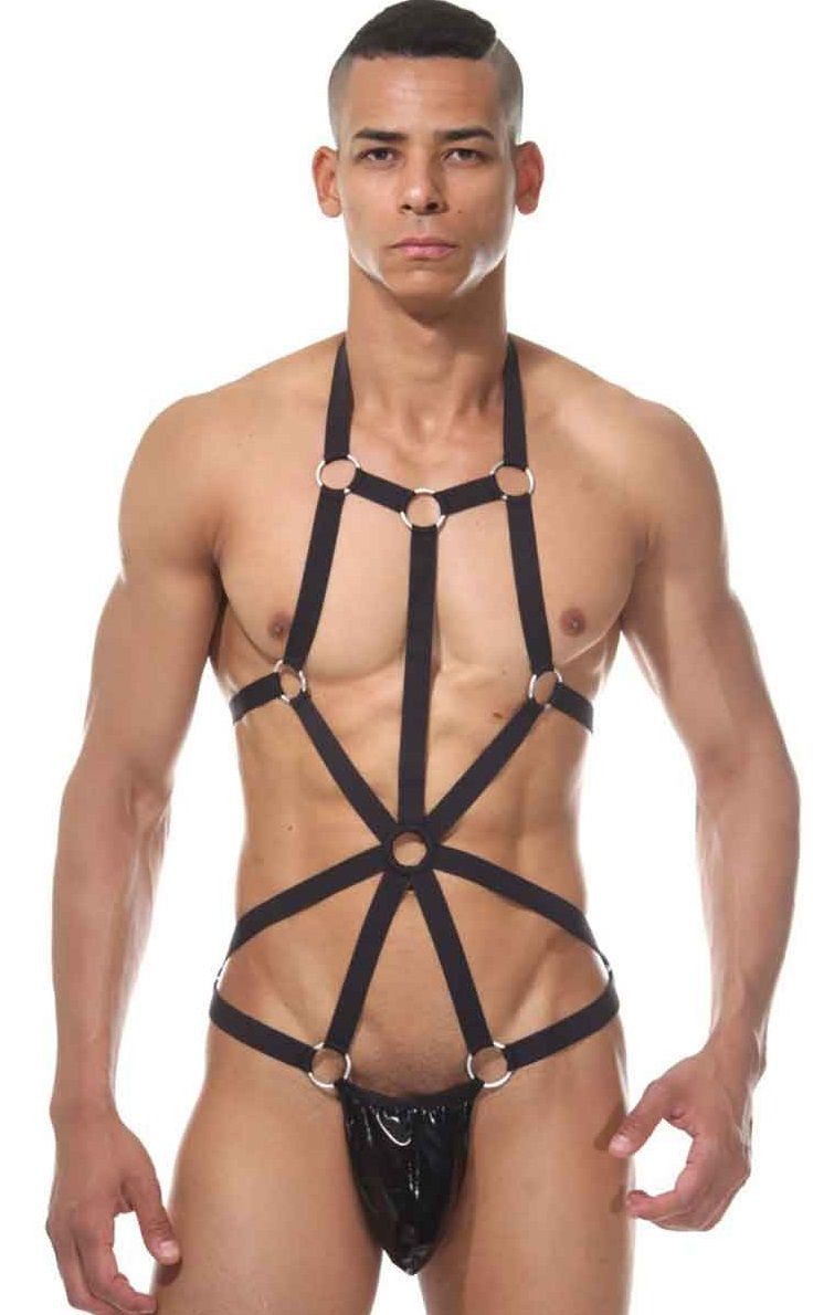 Брутальное мужское боди с металлическими колечками 