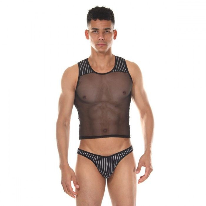 Мужской комплект: короткая майка и трусы-тонги в полоску 