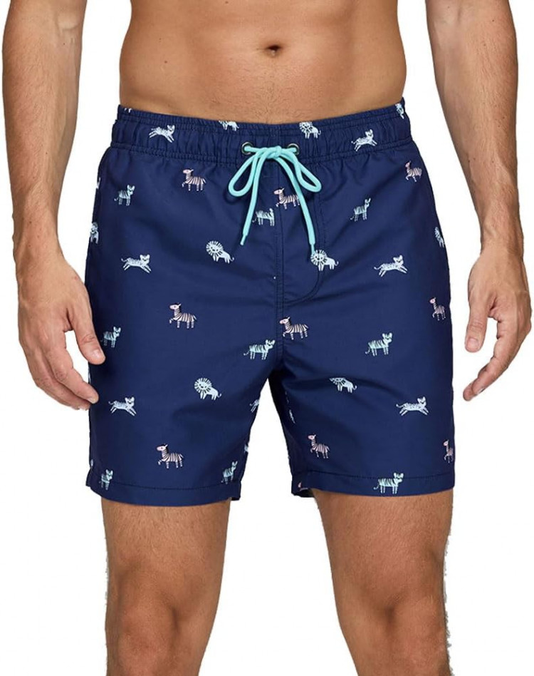 Темно-синие пляжные шорты с принтом в виде зверушек 