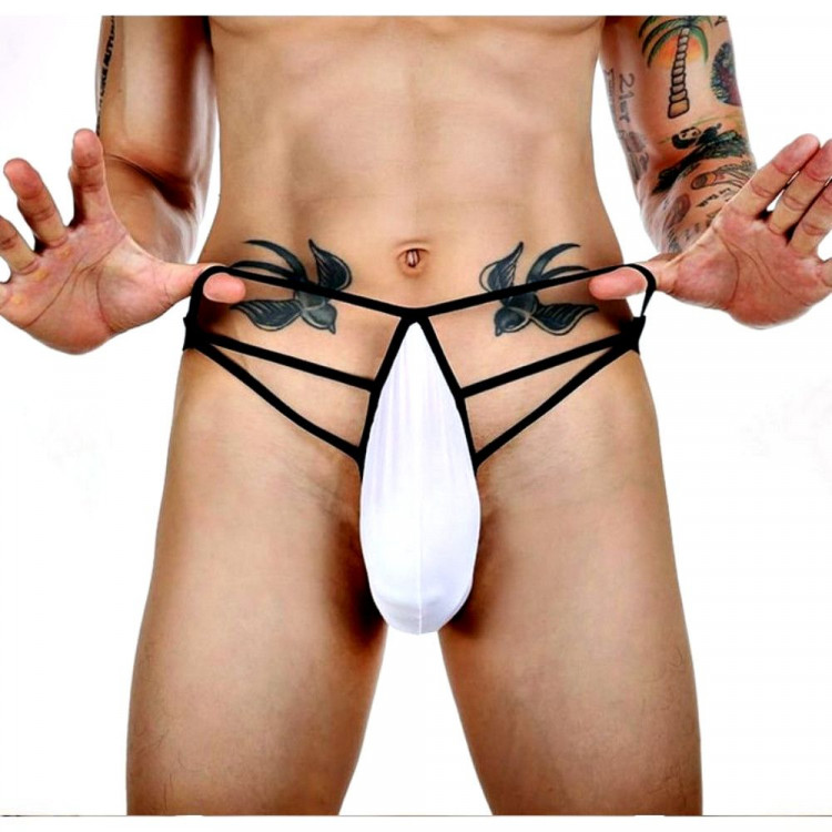 Белые сексуальные трусы-стринги на тонких черных бретелях 