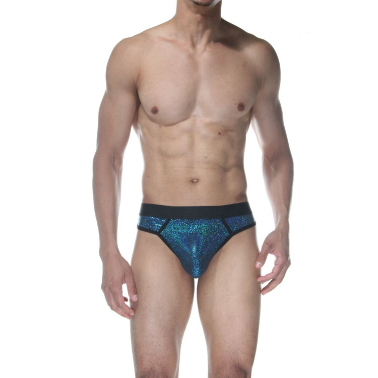 Синие блестящие мужские трусы-стринги 