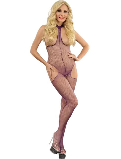 Фиолетовый кэтсьюит с вырезами на груди, бёдрах и в шагу 