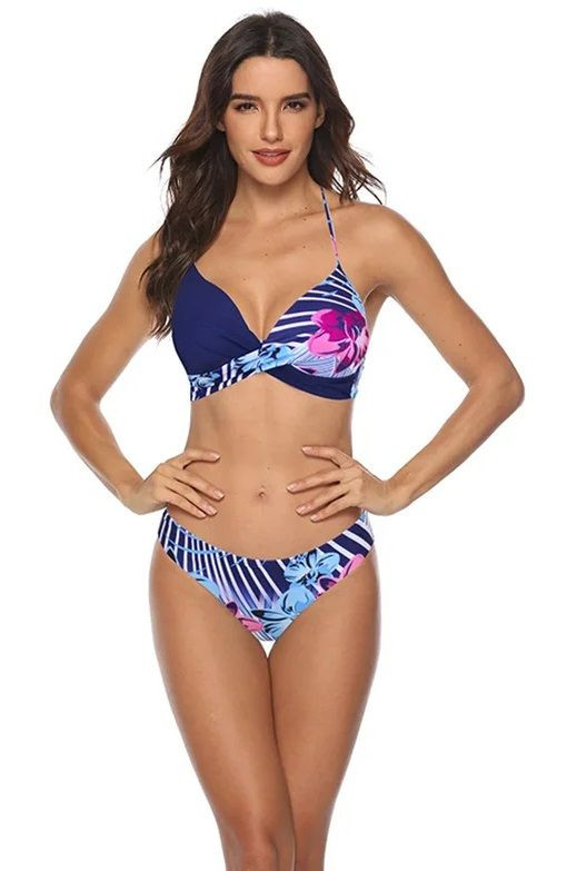 Синий раздельный купальник с принтом в виде орхидей 