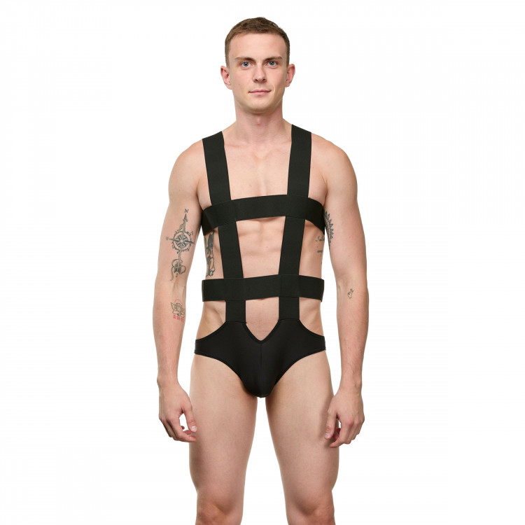 Мужское черное боди с широкими эластичными ремешками 