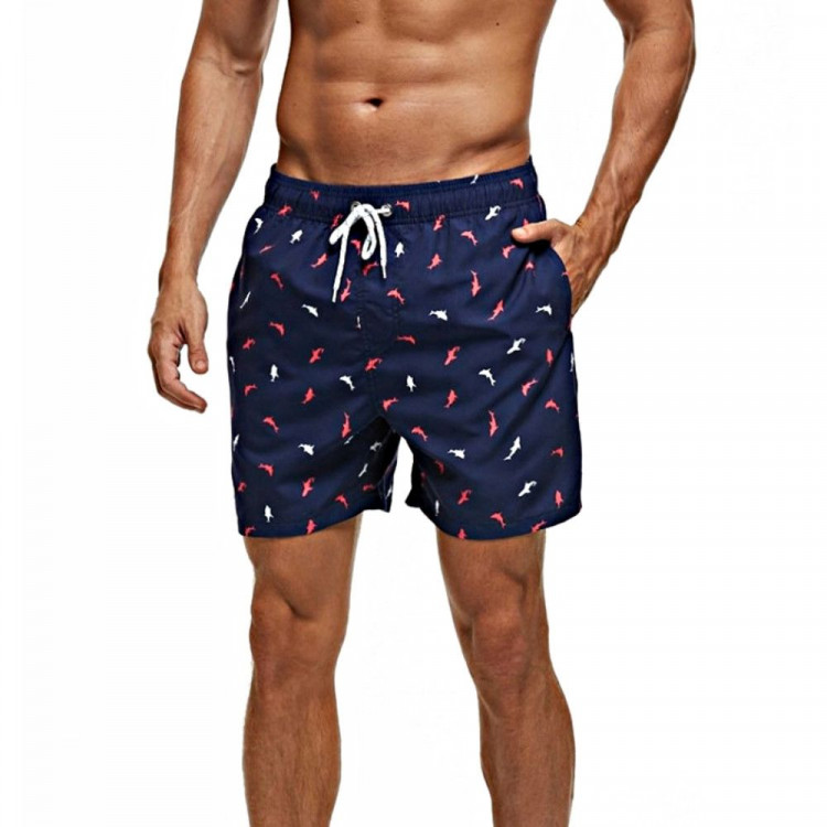 Темно-синие мужские пляжные шорты с принтом в виде акул 
