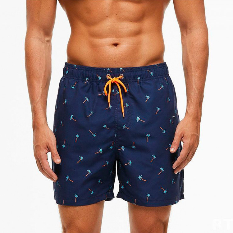 Темно-синие мужские пляжные шорты с принтом в виде пальм 