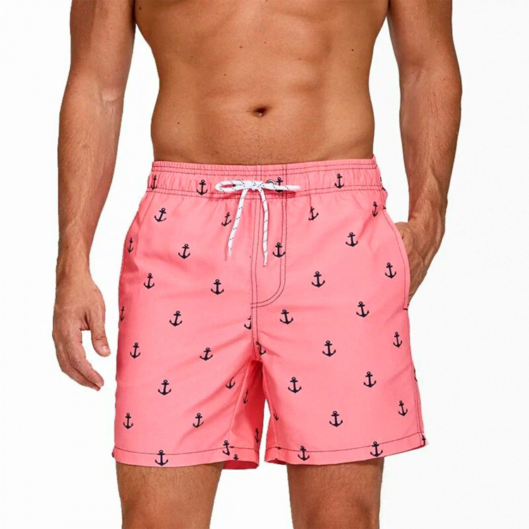 Розовые мужские пляжные шорты с принтом в виде якорей 