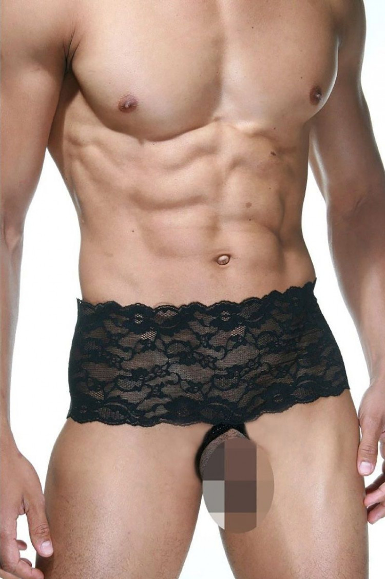 Мужские трусы с открытой интимной зоной и широким кружевным поясом 