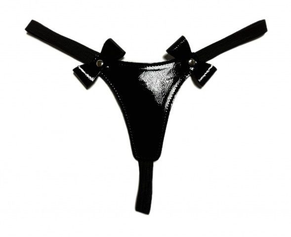 Черные лаковые трусики-стринги с бантиками 