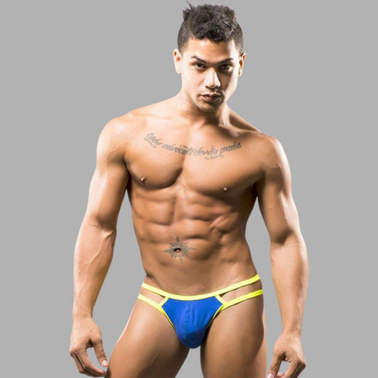 Синие мужские трусы-стринги с двойными бретелями 