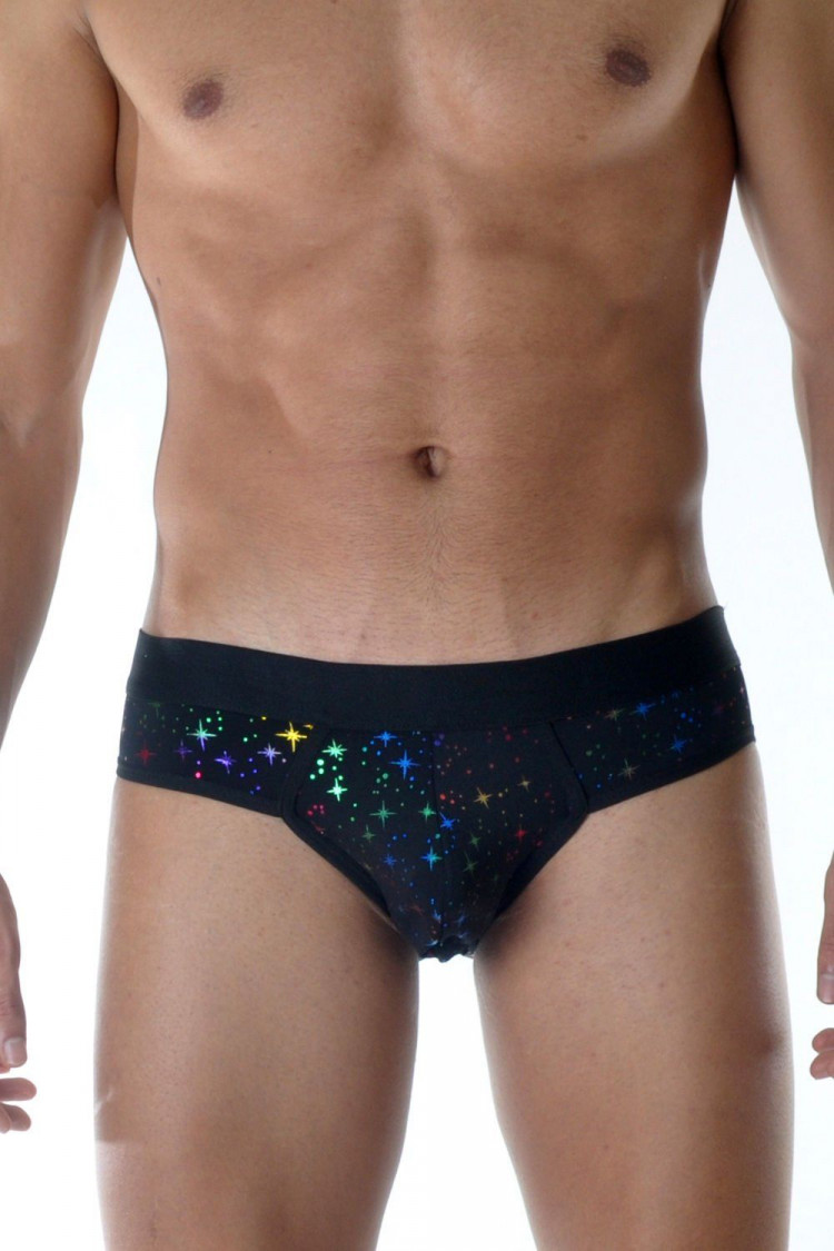 Черные мужские трусы-слипы с разноцветными блестящими звездочками 