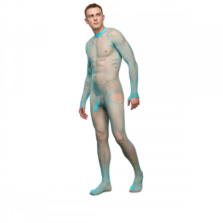Мужской бирюзовый сетчатый кэтсьюит с интимным доступом 