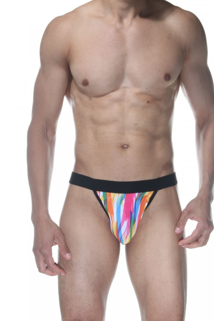 Мужские трусы-стринги с принтом в виде разноцветных мазков кисти 