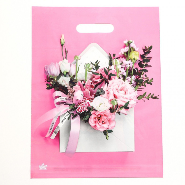 Розовый пакет с цветочным принтом и вырубной ручкой (40х31 см) 