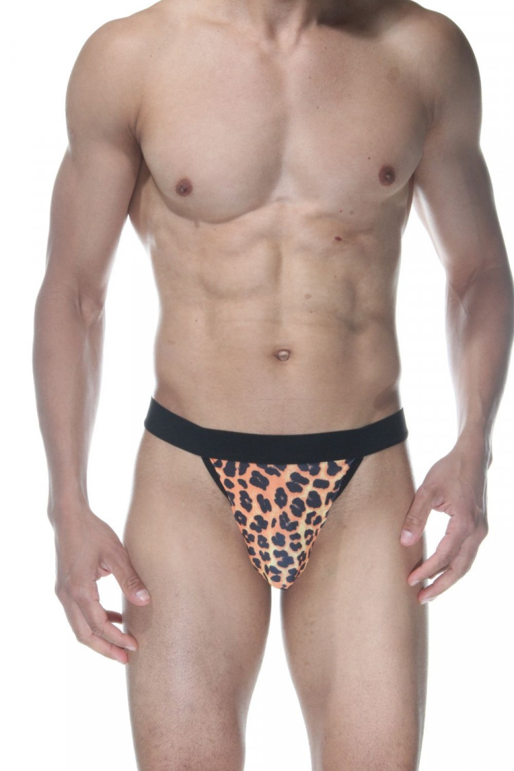 Мужские трусы-стринги с леопардовым принтом и широкой резинкой 