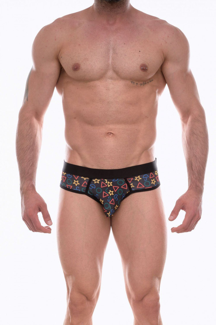 Темно-серые трусы-слипы с разноцветным принтом в виде знаков 