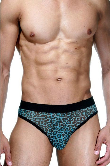 Черно-голубые трусы-тонги с леопардовым принтом 