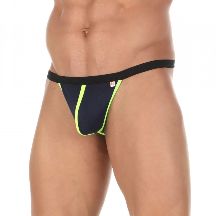 Темно-синие сексуальные трусы-стринги с салатовой окантовкой 