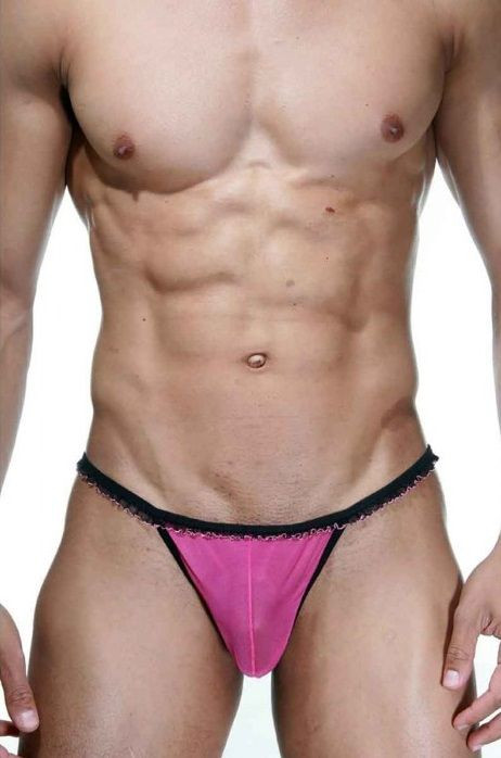 Розово-черные трусы-стринги с рюшей 