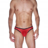 Мужские красные трусы-бразилиана с черной рюшевой отделкой Мужские красные трусы-бразилиана с черной рюшевой отделкой