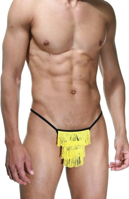 Черные трусы-стринги с желтой бахромой 